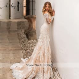 Mermaid Wedding Dresses With Detachable Train Boat Neck Full Sleeve Appliques Lace Up Wedding Gown With Jacket Vestidos De Novia