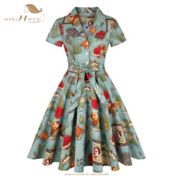 SISHION Short Sleeve Swing Retro 50s 60s Rockabilly Vintage Dress SD0002 Green Floral Print A Line Cotton Women Summer Dress