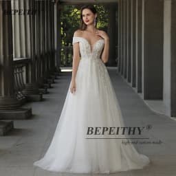 BEPEITHYCustomized Off The Shoulder Boho Wedding Dress For Women 2023 Bride A Line Chic Beading Bohemian Bridal Beach Gown Robes