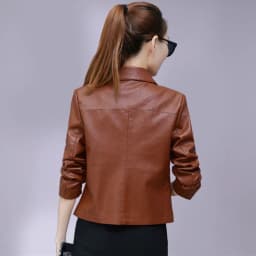 UHYTGF Leather Jacket Women Single-breasted PU Washed Leather Autumn Leather Coat Solid Color Wild Slim Short tops Big Size 827