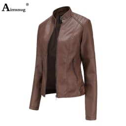 Yellow Red Faux Pu Leather Jackets 2025 Spring Autumn Fashion Zip up Top Outerwear Lady Basic Coats Plus Size Female Jackets New