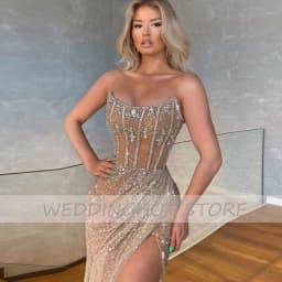 Customized Luxury Evening Dresses Gorgeous Bead Strapless Long Party Gowns Side Split Floor Length Illusion Sexy Pageant Dress