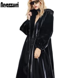Nerazzurri Long Black Warm Oversized Shiny Patent Leather Trench Coat for Women, Long Sleeve Zip-Up Fall Fashion 2023 Windbreake