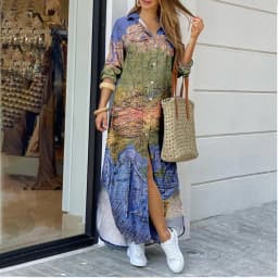 3D Cross-Border Women's Long Dresse Lapel Shirt World Map Pattern Printing Fashion Plus Size Maxi Dress Vestidos Womens Clothing