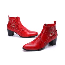 Autumn And Winter Pointed High heels Men's boots Tie a chain Rivet Belt buckle Thick heel Genuine Leather Thick heeled boots