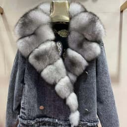 Denim Coat with Real Large Fox Fur Collar for Women, Furry Jacket, Fluffy Suit, Luxurious Brown and Yellow Coat, Winter Fashion