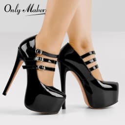 Onlymaker Women Mary Jane Platform Pumps Ankle Strap Stiletto 16cm Thin High Heels Dress Buckle Black Pink Big Size Party Shoes
