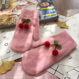 Women Winter Cute Lovely Keep Warm Mittens Full Finger Knitting Gloves Cherry Plus Velvet Inside Thicken Windproof Soft Female
