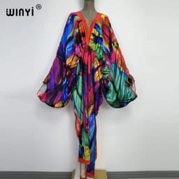 Sexy Beach High-Quality Hand-Rolled Feel Silk Rayon Fashion Print 2021 WINYI Maxi Women's Robes Long Beach V-Neck Bohemian Dress