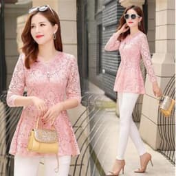 UHYTGF Womens Blouse Hollow Lace V-Neck Pullover Solid Wild Summer Shirt Elegant Female Clothing Chiffon 5XL Big Size Tops 2085