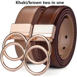 Women Reversible Leather Belt 2 in 1 Rotated 2 Rings Gold Buckle 3.4cm Wide Suitable for Pairing with Various Pants