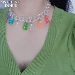 Handmade 7 Colors Cute Cartoon Bear Acrylic Chain Necklaces Candy Color Pendant For Women&Girl Daily Jewelry Party Gifts