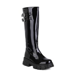Double-Breasted Shiny Patent Leather Women's Knee-Length Boots Flat-Bottomed Platform With Plush Lining Long Boots 2022