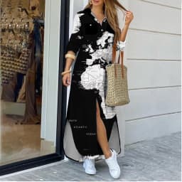 3D Cross-Border Women's Long Dresse Lapel Shirt World Map Pattern Printing Fashion Plus Size Maxi Dress Vestidos Womens Clothing