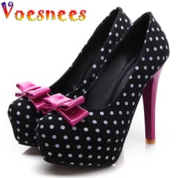 2026 Spring Autumn New Women's Pumps Sweet Bow Polka Dot High-Heeled Single Shoes Round Toe Thin Heels Plus Size Women Shoes