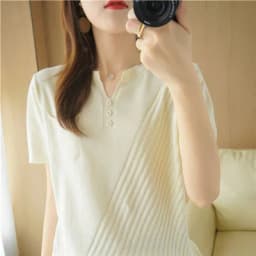 100% cotton summer V-neck short-sleeved knitted T-shirt Ladies casual loose half-sleeved top solid color wild pullover