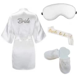 4pc set of bride robe eyemask slippers sash bridesmaid kimono wedding bridal party Bachelorette bathrobe getting ready robes