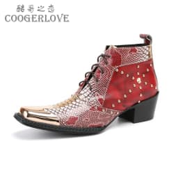Men's Cowhide Serpentine Print Metal Decor Pointed Toe Belt High‑Heel Short Boots Western Cowboy Boots For Stage Show Party