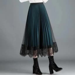 Two-Sided Wear Skirt Spring And Summer Women's New Fashion High Waist Lace Pleated Skirt Long Mesh Skirt A-Line Skirt Green Q4