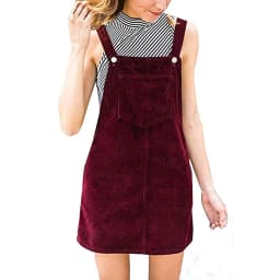 Women Corduroy Straight Suspender Mini Bib Overall Casual Pocket Dress Button Knee-length lovely Solid color Dress