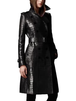 Lautaro Autumn Long Black Crocodile Pattern Pu Leather Trench Coat for Women Belt Double Breasted Stylish British Style Fashion