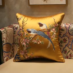 Medicci Home Silk Cushion Cover Spring Birds Embroidery Oriental Luxury Upmarket Brocade Pillowcase For Couch Sofa Bed 18x18Inch