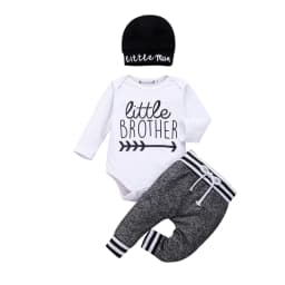 Newborn Infant Baby Boy Clothes Sets 3pcs Little Brother Long Sleeve Romper Pant Hats Outfit Clothes