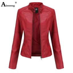 Yellow Red Faux Pu Leather Jackets 2025 Spring Autumn Fashion Zip up Top Outerwear Lady Basic Coats Plus Size Female Jackets New