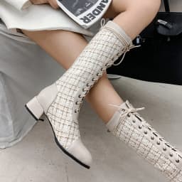 Plush Thick High-Heeled Cross-Lace Knight Boots Checkerboard Woven Tweed Lattice Imported Pattern Stitching PU Knee Boots