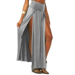 Womens High Waist Sexy Double Slit Front Open Knit Maxi Long Skirt Solid Color Pleated Irregular Hem Beach Dress Bikini Cover Up