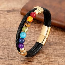 Natural Round Chakra Bead Stone Men's Bracelet Classic Black Genuine Leather Stainless Steel Bangles Women 2020 Fashion Jewelry