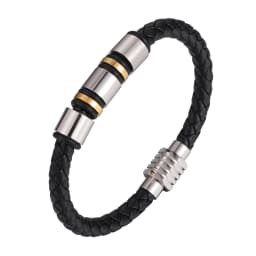 Simple Charm Braided Leather Stainless Steel Black Beaded Single Layer Chakra Bracelet Men's Couple Jewelry Gift