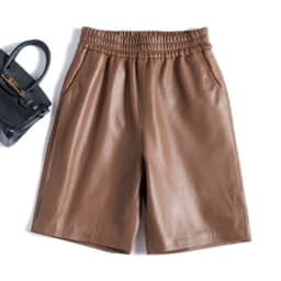 Capable Fashionable Stylish 100% Leather Five-Point Pants For Women Femme Elastic Waist Wide Leg Bermuda Shorts With Pocket