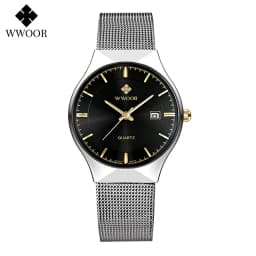 WWOOR Silver Men Watches with Mesh Steel Top Brand Luxury Ultra Thin Quartz Waterproof Date Business Wristwatch Box Montre Homme