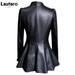 Lautaro Autumn Black Slim Soft Pu Leather Jacket Women Deep V Neck Long Puff Sleeve Elegant Luxury Skirted Blazer Fashion 2021