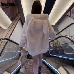 Nerazzurri Spring Fluffy Jacket with Rabbit Ears Raglan Sleeve Zipper Oversize Light Soft Harajuku Kawaii Faux Fur Hoodie 2021