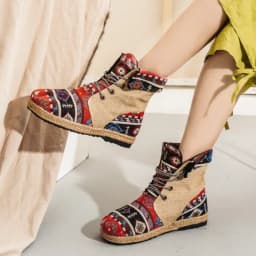 Spring Women Hemp Ankle Boots High-Cut Lace-Up Patchwork Leisure Shoes Ladies Retro Embroidered Short Booties Flat Heel Sneakers