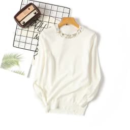 Chic Beaded O-neck Knitted Tshirts Women Spring Casual Slim Knitwear Jumper Tops Korean Long Sleeve Malhas Tee New Thin Sweater