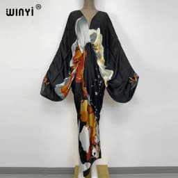 Sexy Beach High-Quality Hand-Rolled Feel Silk Rayon Fashion Print 2021 WINYI Maxi Women's Robes Long Beach V-Neck Bohemian Dress