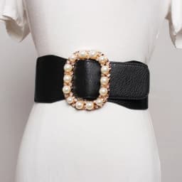 PU Leather High Elastic Wide Belt for Women Stretch Waist Belt for Dress Autumn Stretch Women Belts White Red Pearl Buckle Belt