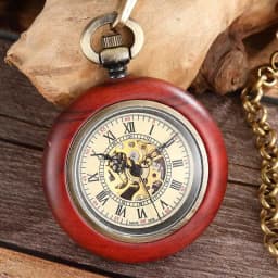 Square Wooden Mechanical Pocket Watch Chains Luxury Red Wooden Hand Winding Skeleton Fob Watches Men Women Clock Gifts Reloj