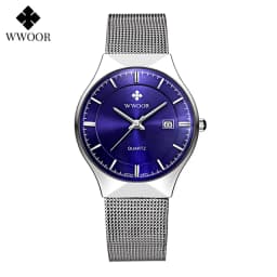 WWOOR Silver Men Watches with Mesh Steel Top Brand Luxury Ultra Thin Quartz Waterproof Date Business Wristwatch Box Montre Homme