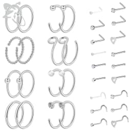 ZS 6-34pcs/Lot Heart Round Nose Piercing Ring Set Stainless Steel Crystal Nose Stud Pack L Shape Nose Nails Piercing Jewelry 20g