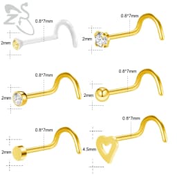 ZS 6-34pcs/Lot Heart Round Nose Piercing Ring Set Stainless Steel Crystal Nose Stud Pack L Shape Nose Nails Piercing Jewelry 20g