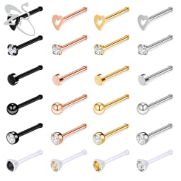 ZS 6-34pcs/Lot Heart Round Nose Piercing Ring Set Stainless Steel Crystal Nose Stud Pack L Shape Nose Nails Piercing Jewelry 20g
