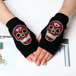 Women's Winter Warm Touch Screen Mitts Black Knit Half Finger Driving Gloves Punk Skull Rhinestone Short Hip-hop Gloves H82