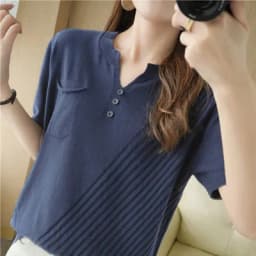 100% cotton summer V-neck short-sleeved knitted T-shirt Ladies casual loose half-sleeved top solid color wild pullover