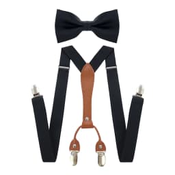 Adjustable Elasticated Y Shape Men Suspenders Bowtie Set Black Elastic Clip-on Braces Belt with Leather Suit Business Wedding