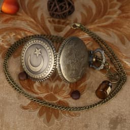 Retro Bronze Turkey Flag Design Moon Star Circle Quartz Antique Pocket Watch Punk Necklace Pendant for Men Women with Accessory