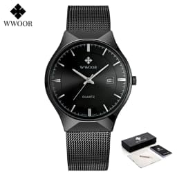 WWOOR Silver Men Watches with Mesh Steel Top Brand Luxury Ultra Thin Quartz Waterproof Date Business Wristwatch Box Montre Homme